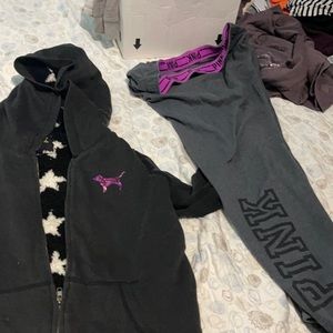 Rare Sherpa hoodie by pink and a pair of sweatpants with small bleach stain